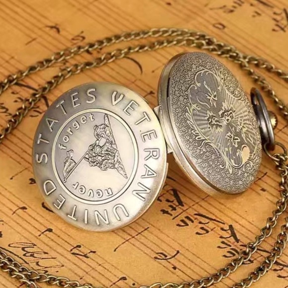 Pocket Watch with Chain Veteran Patriotic Flip Open USA Bronze Unisex Gift - Picture 8 of 16
